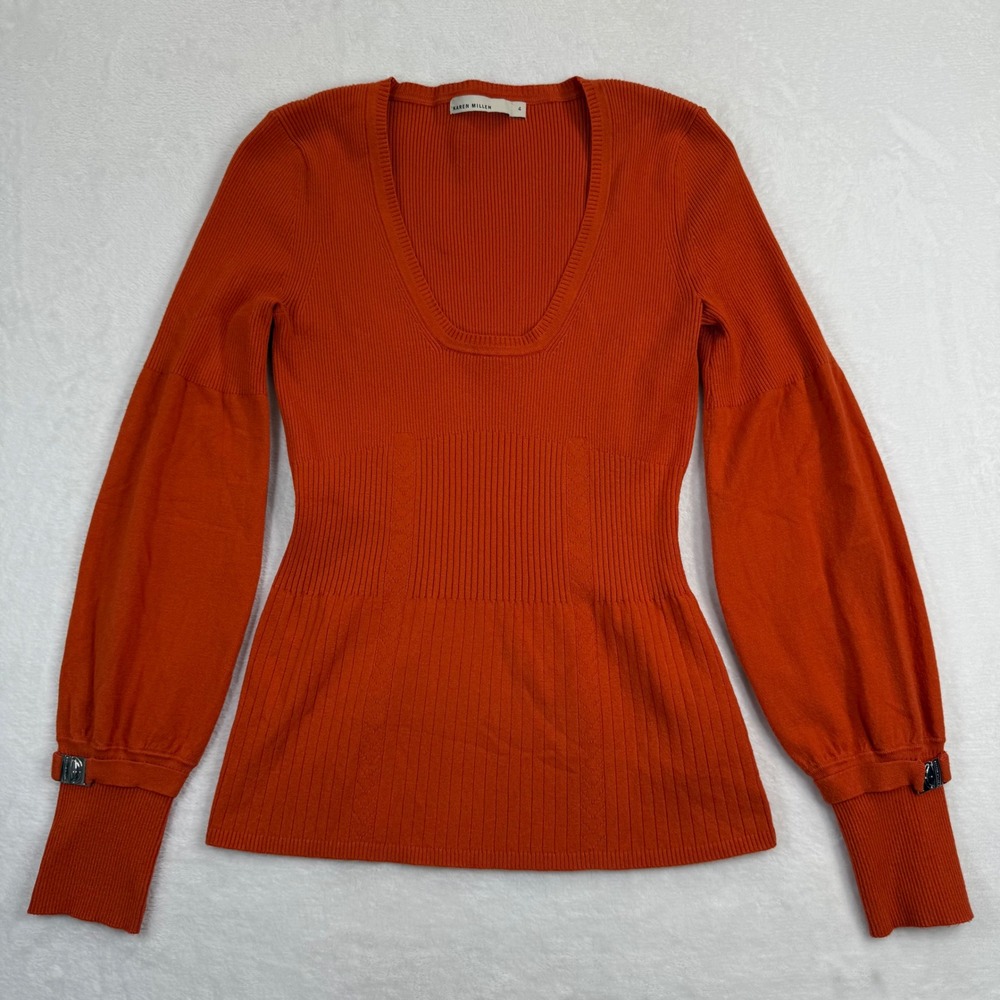 Karen Millen Burnt Orange Ribbed Knit Puff Sleeve Buckle Top KM259 Size 4 US 0-2